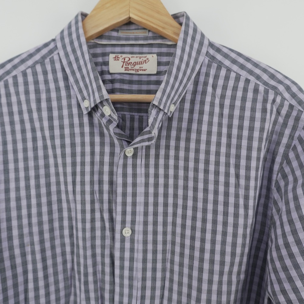 Original Penguin Button Down Shirt Mens L Purple Gingham Heritage Slim Fit